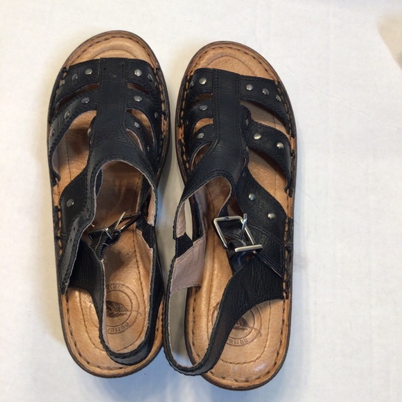 Nurture Black Leather Wedge Sandals Studded Shoes - Picture 4 of 11